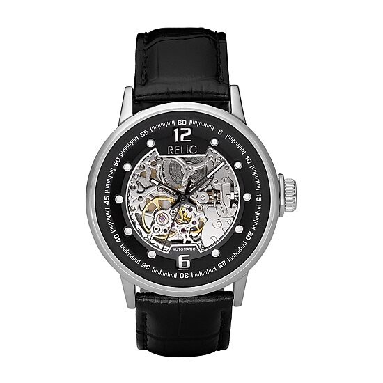 Relic By Fossil Mens Automatic Black Leather Strap Watch Zr77224