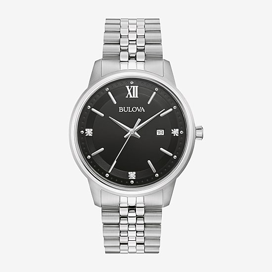 Bulova Classic Mens Diamond Accent Silver Tone Stainless Steel Bracelet Watch 96d151