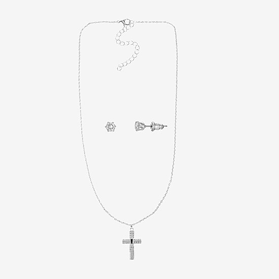 Sparkle Allure Womens Cubic Zirconia Pure Silver Over Brass Cross 2-pc. Jewelry Set