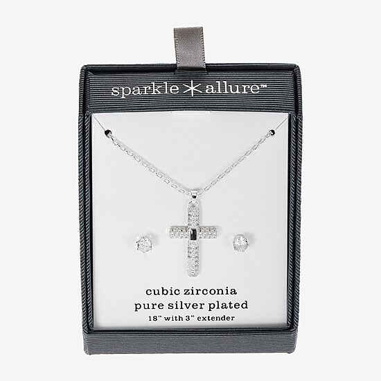 Sparkle Allure Womens Cubic Zirconia Pure Silver Over Brass Cross 2-pc. Jewelry Set