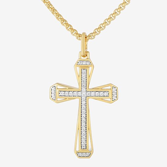 Mens 1/5 CT. Natural White Diamond 14K Gold Over Silver Cross 22 Inch Pendant Necklace