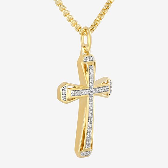 Mens 1/5 CT. Natural White Diamond 14K Gold Over Silver Cross 22 Inch Pendant Necklace