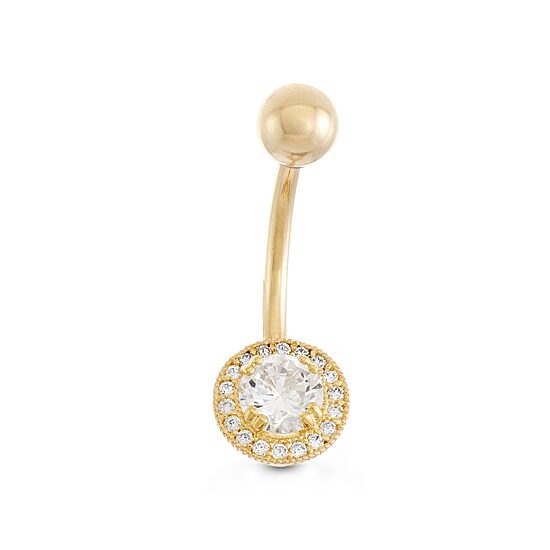 10K Yellow Gold Cubic Zirconia Round Framed Belly Ring