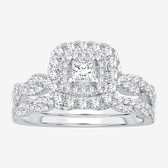 Signature By Modern Bride 1 CT.T.W. Natural Diamond Cushion Shape Side Stone Halo Bridal Set in 10K or 14K Gold
