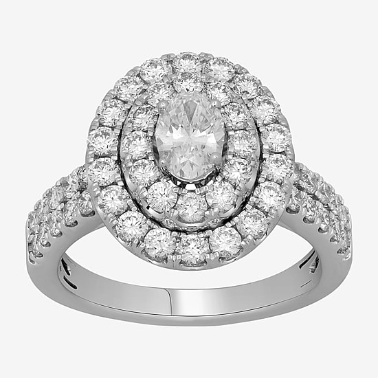 Signature By Modern Bride (H-I / Si2) Womens 2 CT. T.W. Lab Grown White Diamond 10K Gold Oval Side Stone Halo Engagement Ring