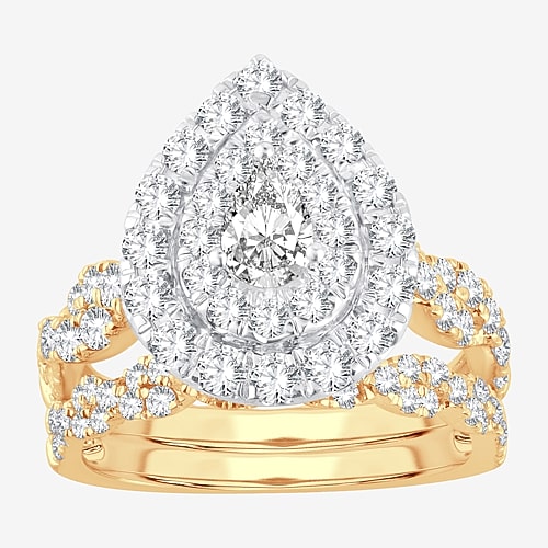 Signature By Modern Bride Womens 2 CT.T.W. Natural Diamond 10K or 14K Gold Pear Side Stone Halo Bridal Set, 9, Yellow