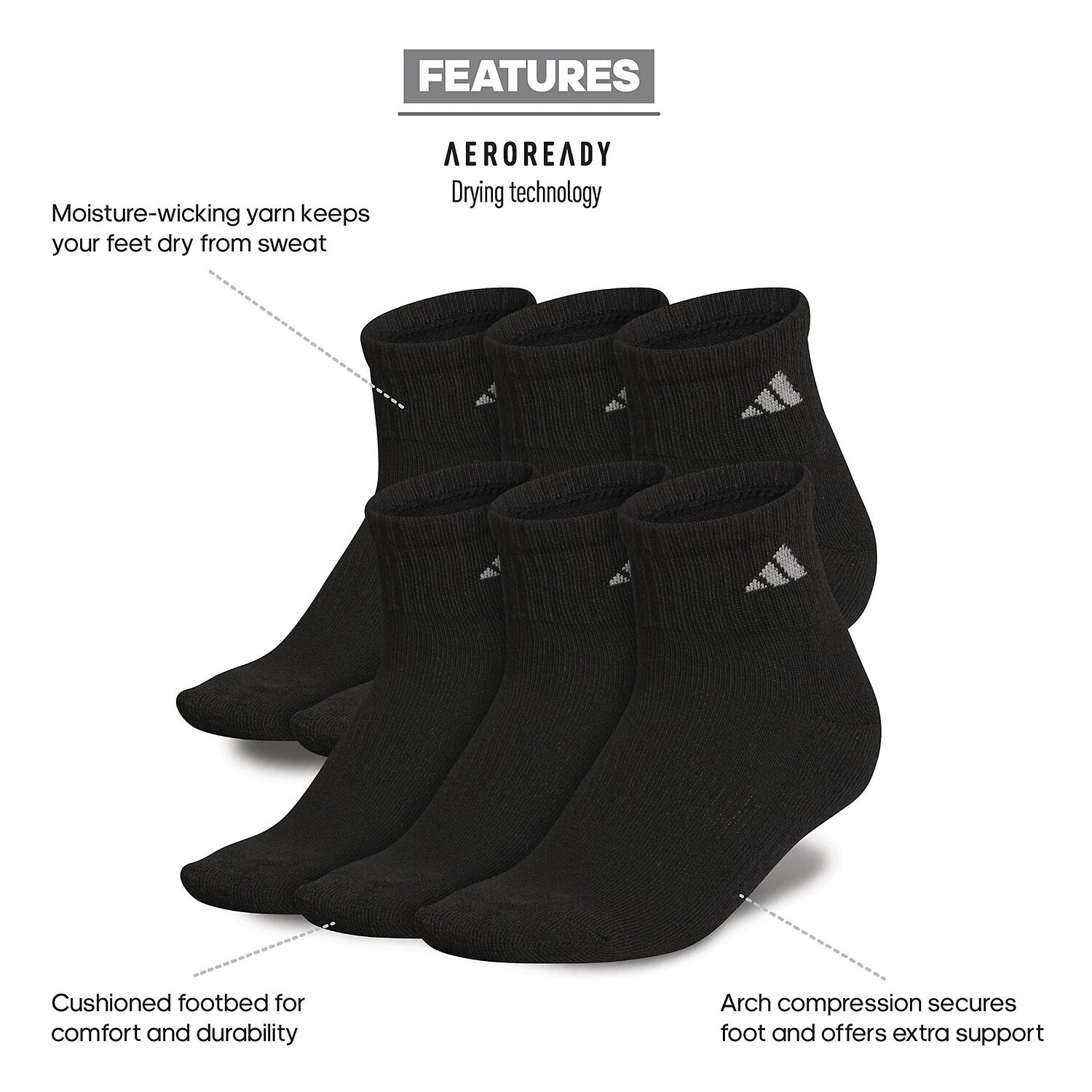 adidas Cushioned Womens 6 Pair Quarter Ankle Socks
