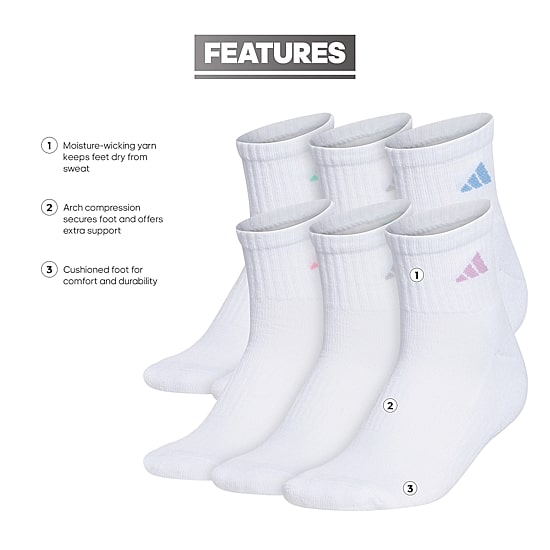 adidas Cushioned Womens 6 Pair Quarter Ankle Socks