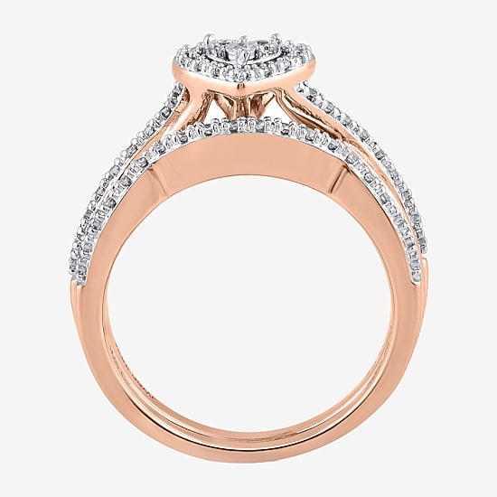 Surrounded by Love Womens 1/5 CT. Natural White Diamond 14K Rose Gold Over Silver Heart Side Stone Halo Bridal Set