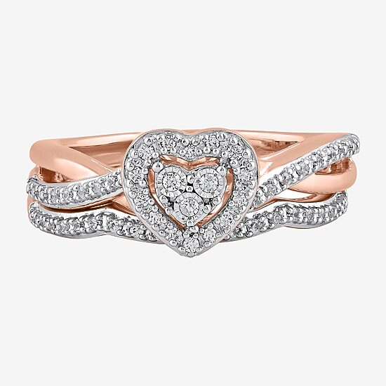 Surrounded by Love Womens 1/5 CT. Natural White Diamond 14K Rose Gold Over Silver Heart Side Stone Halo Bridal Set