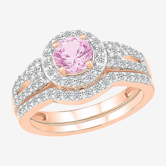 Modern Bride Gemstone Womens Lab Created Pink Sapphire 14K Gold Round Bridal Set