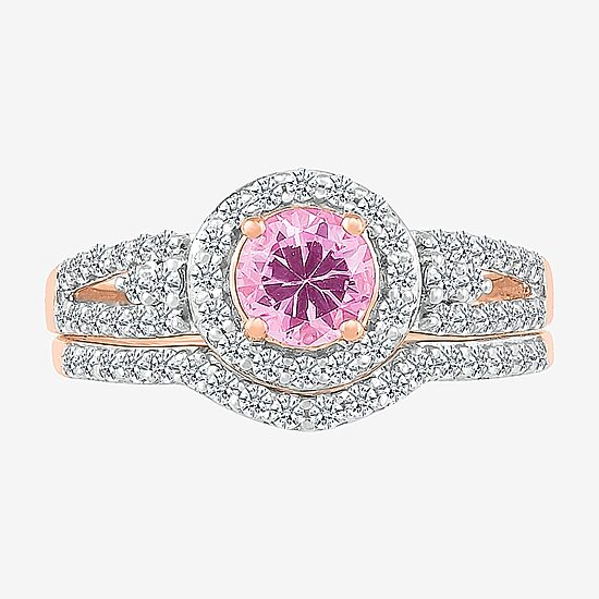 Modern Bride Gemstone Womens Lab Created Pink Sapphire 14K Gold Round Bridal Set