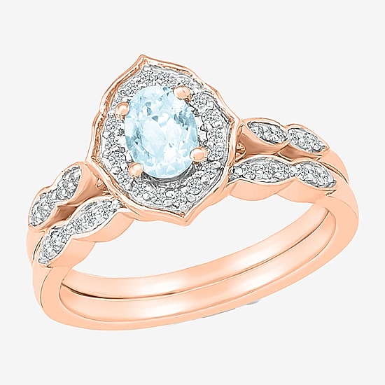 Womens Genuine Blue Aquamarine 14K Gold Oval Bridal Set