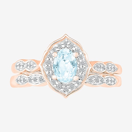 Womens Genuine Blue Aquamarine 14K Gold Oval Bridal Set