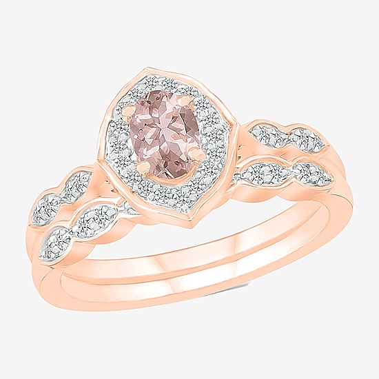 Modern Bride Gemstone Womens Genuine Pink Morganite 14K Gold Oval Bridal Set
