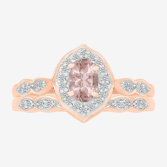 Modern Bride Gemstone Womens Genuine Pink Morganite 14K Gold Oval Bridal Set