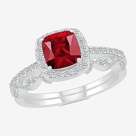 Modern Bride Gemstone Womens Lab Created Red Ruby 14K Gold Cushion Bridal Set