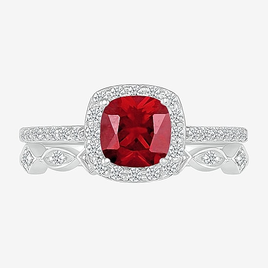 Modern Bride Gemstone Womens Lab Created Red Ruby 14K Gold Cushion Bridal Set
