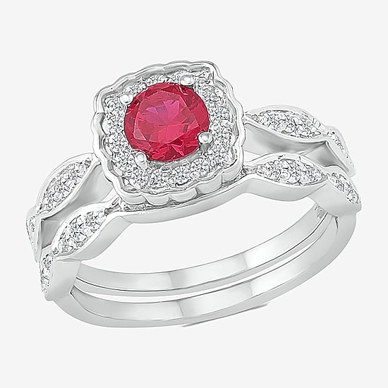 Modern Bride Gemstone Womens Lab Created Red Ruby 14K Gold Cushion Bridal Set
