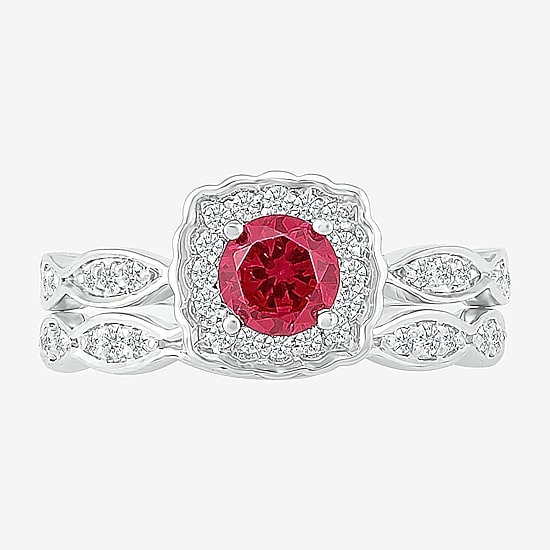 Modern Bride Gemstone Womens Lab Created Red Ruby 14K Gold Cushion Bridal Set
