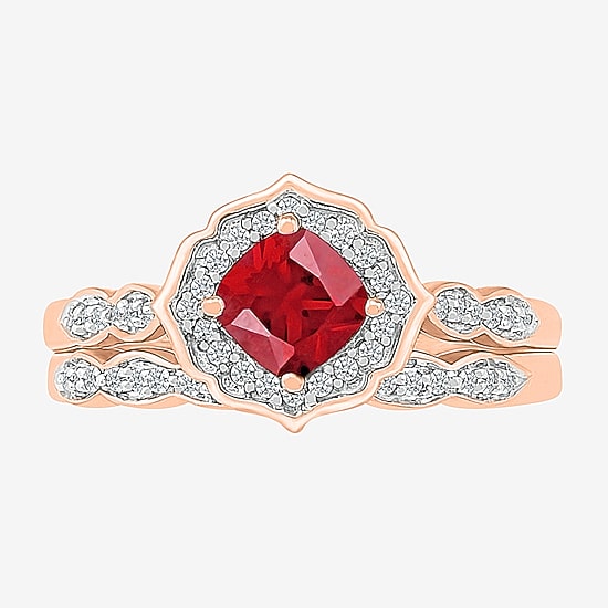 Modern Bride Gemstone Womens Lab Created Red Ruby 14K Gold Cushion Bridal Set