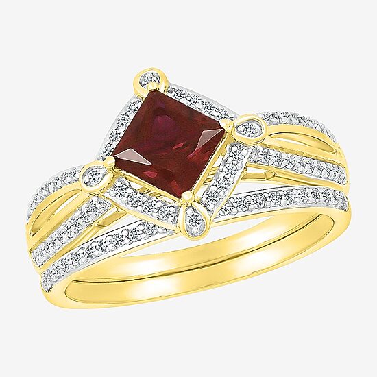 Modern Bride Gemstone Womens Genuine Red Garnet 14K Gold Diamond Bridal Set