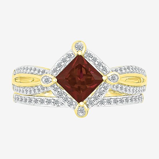 Modern Bride Gemstone Womens Genuine Red Garnet 14K Gold Diamond Bridal Set