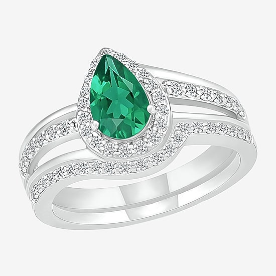 Modern Bride Gemstone Womens Lab Created Green Emerald 14K Gold Pear Bridal Set