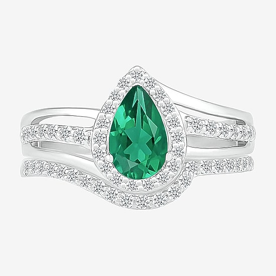 Modern Bride Gemstone Womens Lab Created Green Emerald 14K Gold Pear Bridal Set