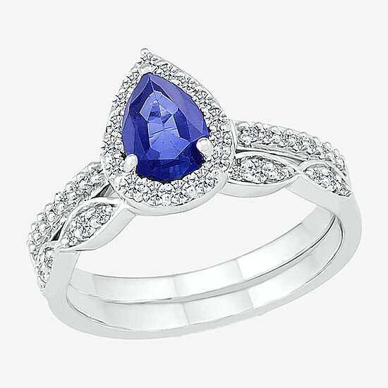 Modern Bride Gemstone Womens Lab Created Blue Sapphire 14K Gold Pear Bridal Set