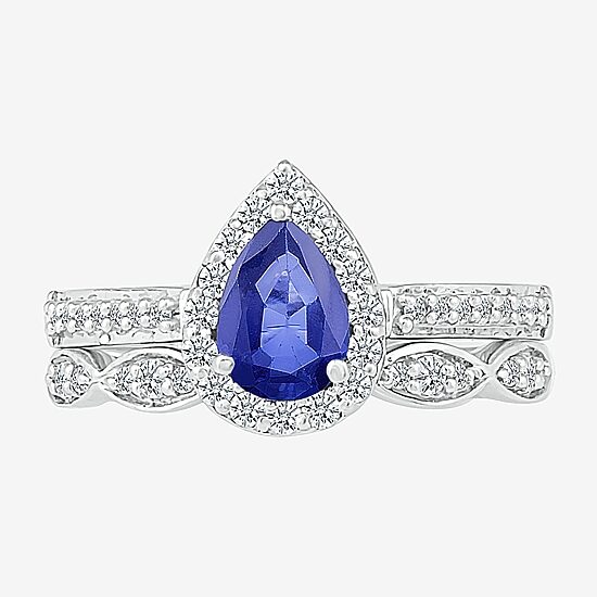 Modern Bride Gemstone Womens Lab Created Blue Sapphire 14K Gold Pear Bridal Set
