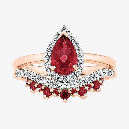 Modern Bride Gemstone Womens Lab Created Red Ruby 14K Gold Pear Bridal Set