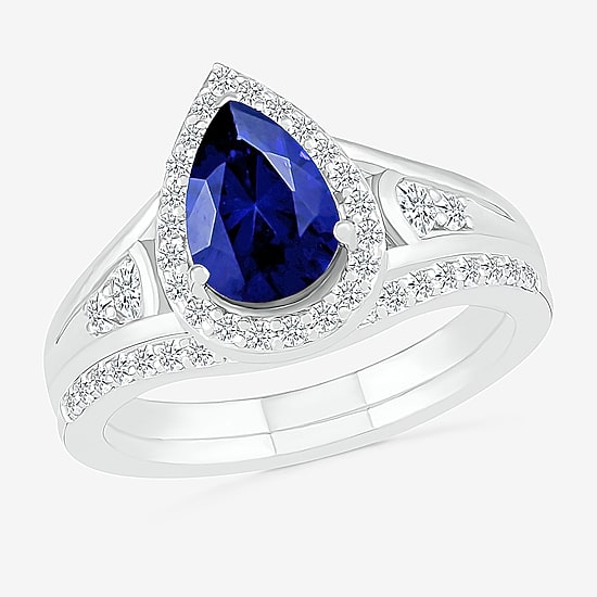 Modern Bride Gemstone Womens Lab Created Blue Sapphire 14K Gold Pear Bridal Set