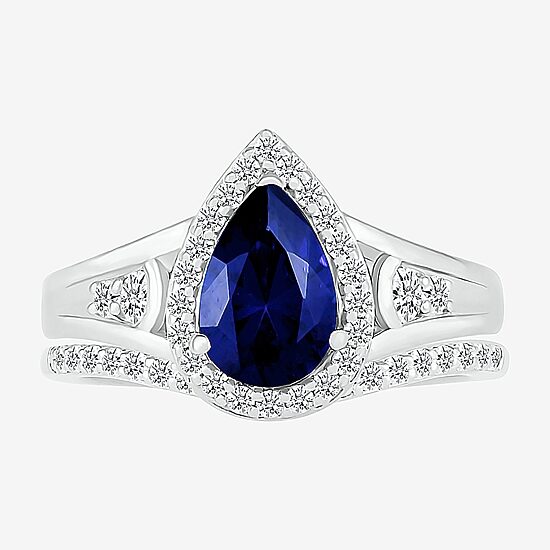 Modern Bride Gemstone Womens Lab Created Blue Sapphire 14K Gold Pear Bridal Set