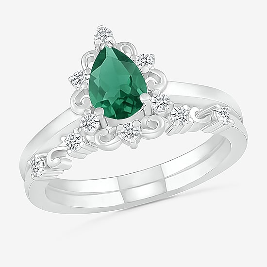 Modern Bride Gemstone Womens Lab Created Green Emerald 14K Gold Pear Bridal Set