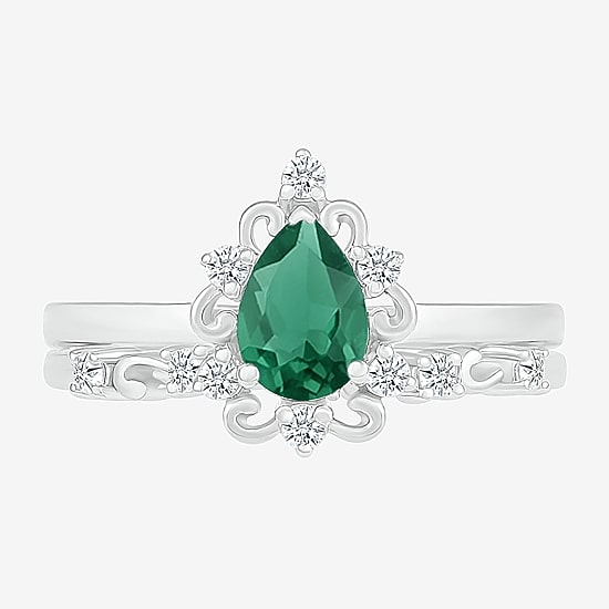 Modern Bride Gemstone Womens Lab Created Green Emerald 14K Gold Pear Bridal Set