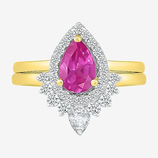 Modern Bride Gemstone Womens Lab Created Pink Sapphire 14K Gold Pear Bridal Set