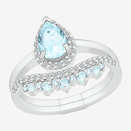 Modern Bride Gemstone Womens Genuine Blue Aquamarine 14K Gold Pear Bridal Set