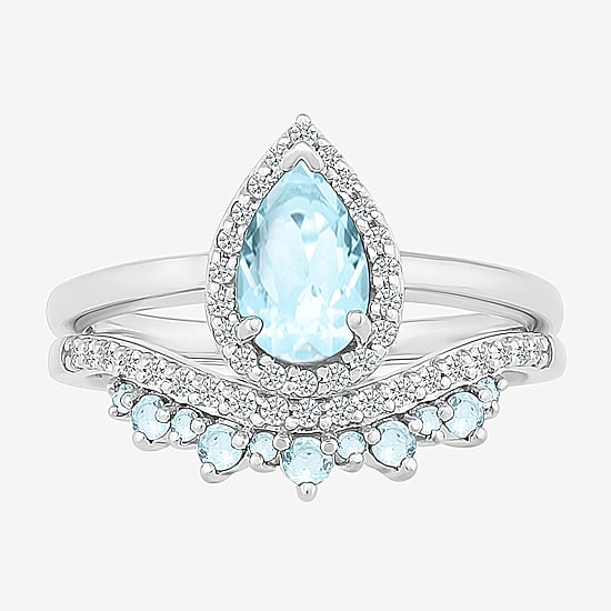 Modern Bride Gemstone Womens Genuine Blue Aquamarine 14K Gold Pear Bridal Set