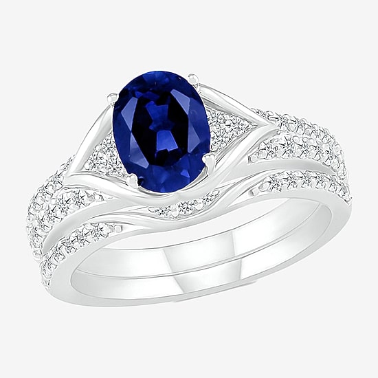 Modern Bride Gemstone Womens Lab Created Blue Sapphire 14K Gold Oval Bridal Set