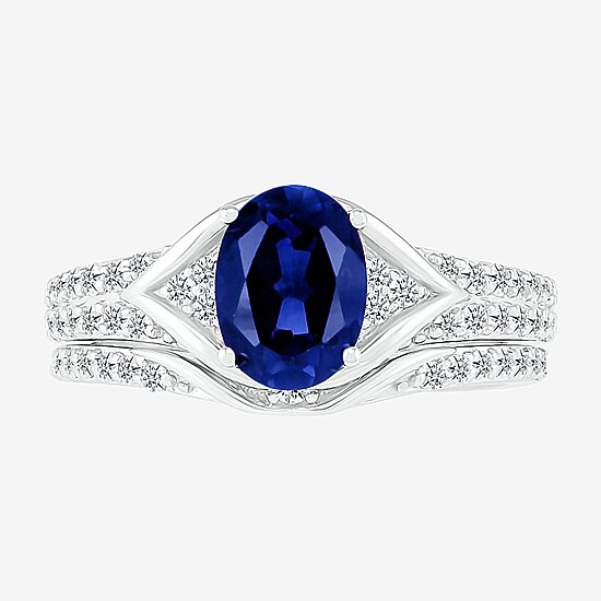 Modern Bride Gemstone Womens Lab Created Blue Sapphire 14K Gold Oval Bridal Set