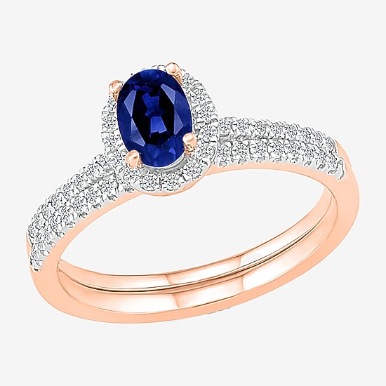 Modern Bride Gemstone Womens Lab Created Blue Sapphire 14K Gold Oval Bridal Set