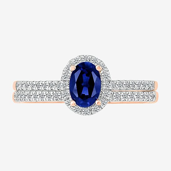 Modern Bride Gemstone Womens Lab Created Blue Sapphire 14K Gold Oval Bridal Set