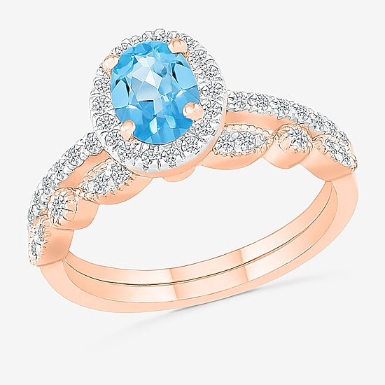 Womens Genuine Blue Topaz 14K Gold Oval Bridal Set