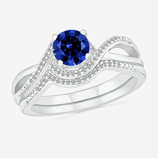 Modern Bride Gemstone Womens Lab Created Blue Sapphire 14K Gold Round Bridal Set