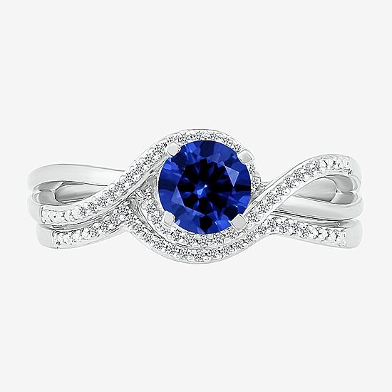 Modern Bride Gemstone Womens Lab Created Blue Sapphire 14K Gold Round Bridal Set