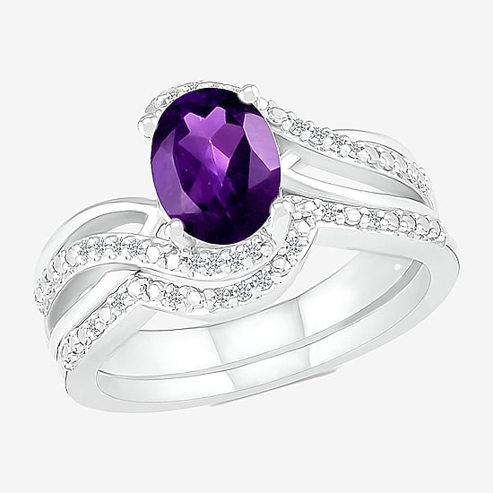 Modern Bride Gemstone Womens Genuine Purple Amethyst 14K Gold Oval Bridal Set