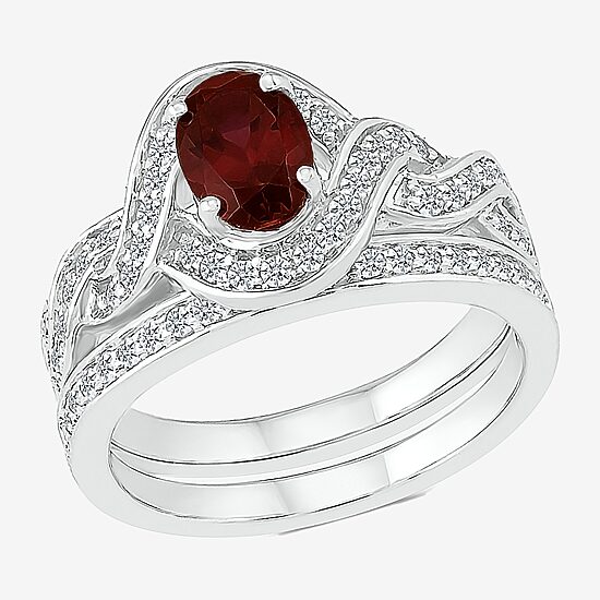Modern Bride Gemstone Womens Genuine Red Garnet 14K Gold Oval Bridal Set