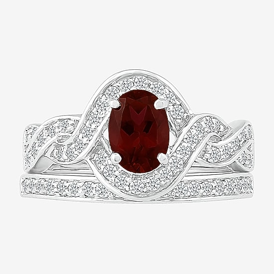 Modern Bride Gemstone Womens Genuine Red Garnet 14K Gold Oval Bridal Set