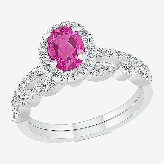 Modern Bride Gemstone Womens Lab Created Pink Sapphire 14K Gold Oval Bridal Set
